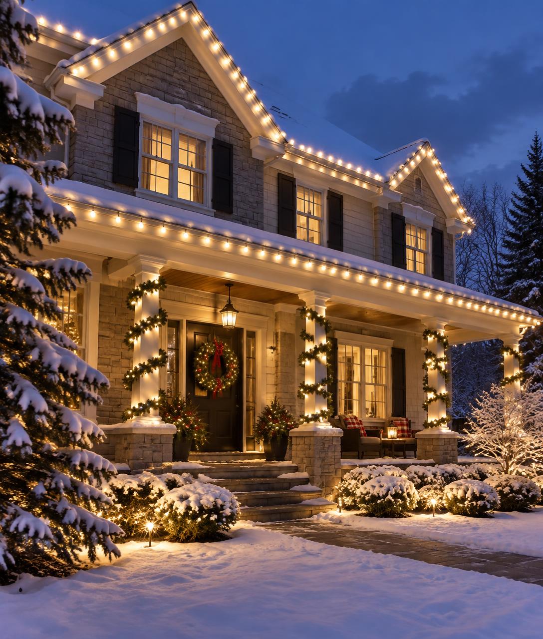 Upscale Capital Region home at night with warm-white C9 Christmas lights along the roofline and fresh snow
